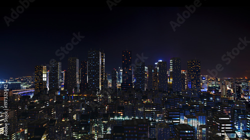 Futuristic city skyline at night time.