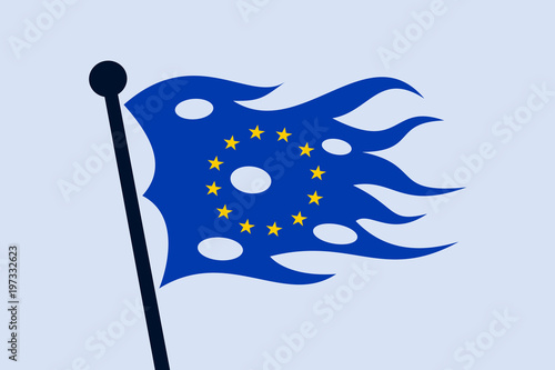 Torn flag of EU - European union in bad condition, trouble, problem, crisis, failure and breakdown. Vector illustration