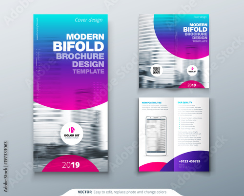 Tri fold brochure design. Cool business template for tri fold flyer. Layout with modern circle photo and abstract background. Creative 3 folded flyer or brochure concept.
