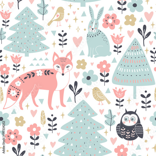 Seamless pattern with cute animals in cartoon style: fox, rabbit, owl.