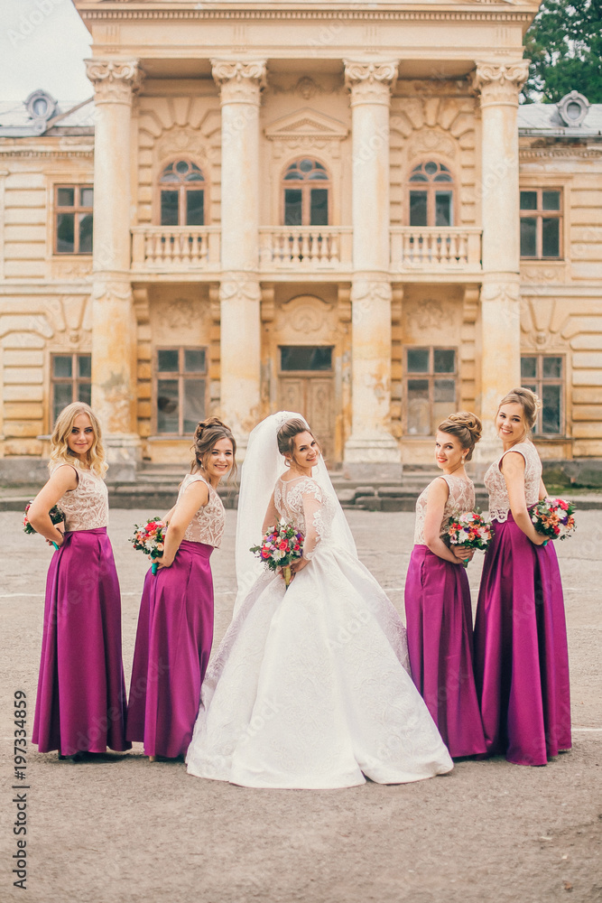Bride With Bridesmaids On Wedding Day. Bride show bridesmaids her new ring.  The girls laugh. Funny wedding moments. Stock Photo | Adobe Stock