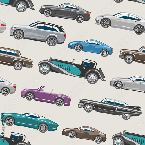 Luxury car vector retro auto transport and vehicle automobile illustration set of automotive industry isolated citycar on seamless pattern background