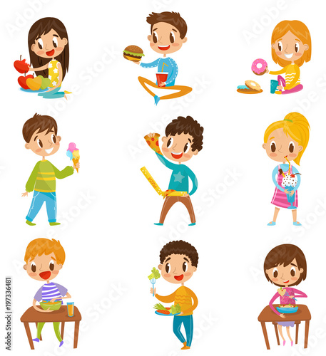 Cute boy and girls having brekfast or lunch set  kids enjoying their meal vector Illustrations on a white background