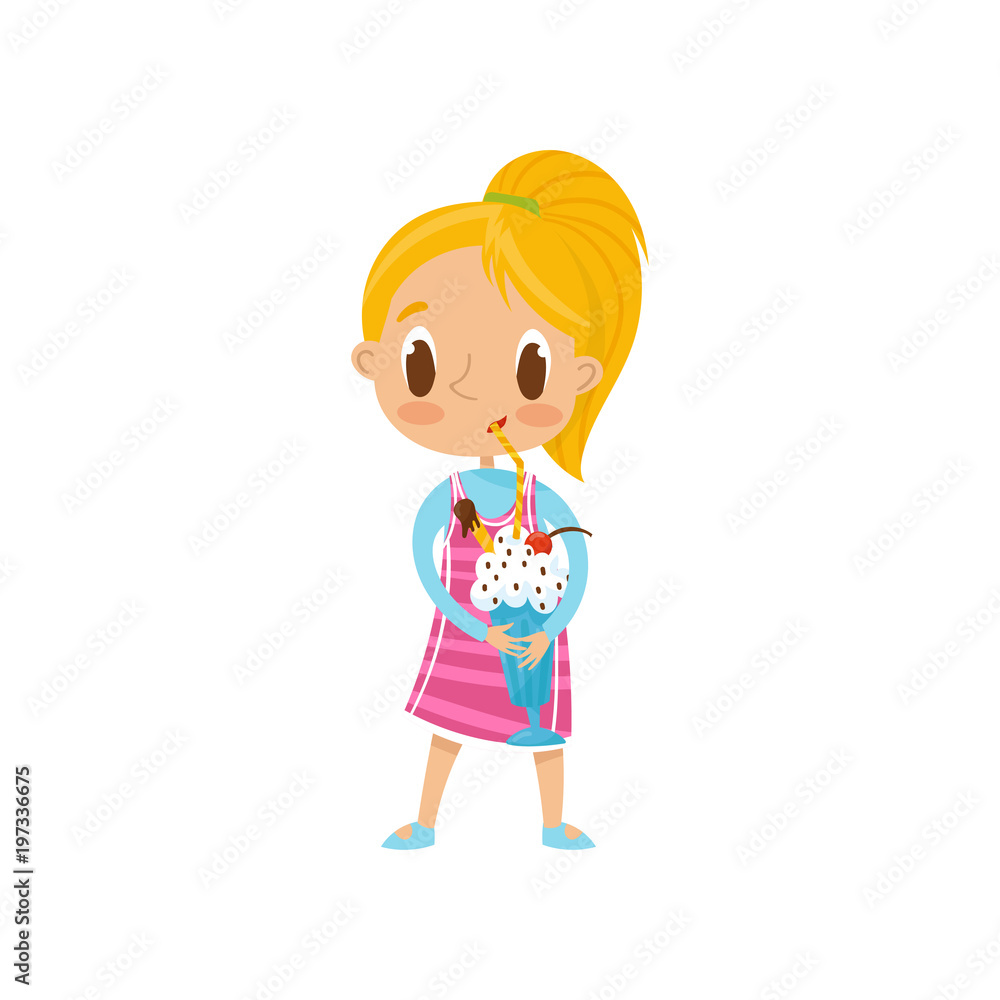 Cute blonde girl drinking milk shake with straw vector Illustration on a white background Cute blonde girl drinking milk shake with straw vector Illustration on a white background