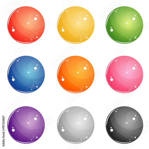 set of round buttons for web interface of different colors. red, blue, yellow, green, violet, pink, white, black glossy balls