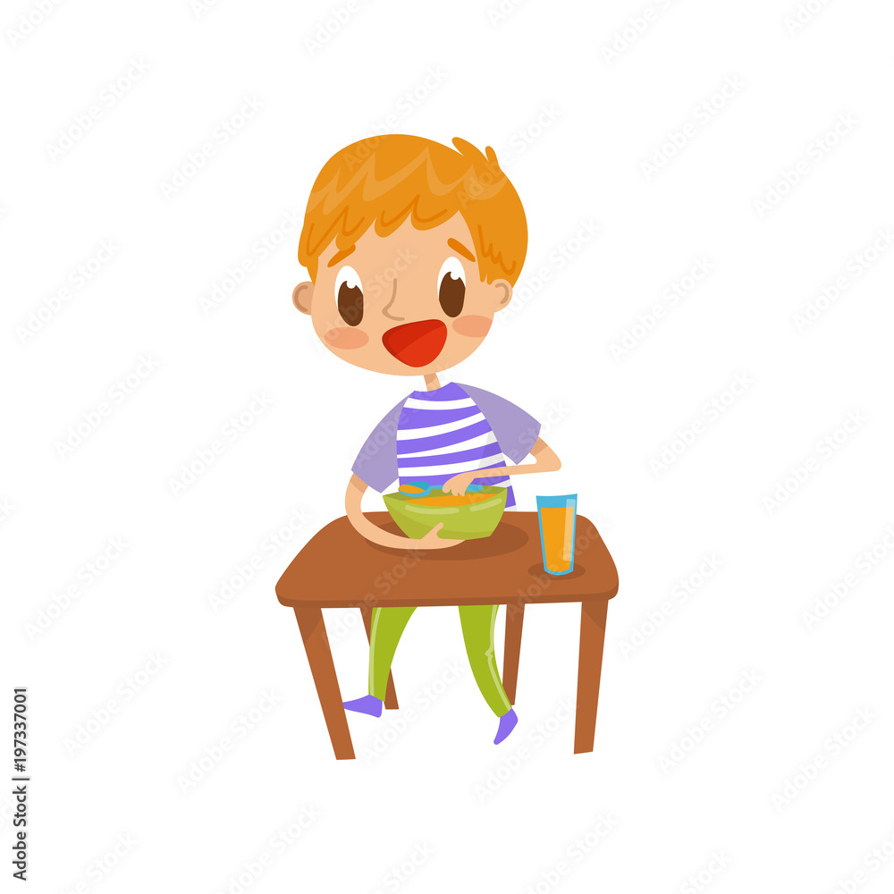 Cute redhead boy eating soup on the dining table vector Illustration isolated on a white background Cute redhead boy eating soup on the dining table vector Illustration isolated on a white background