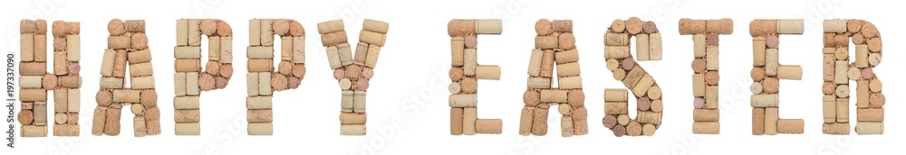 Word Happy Easter made of wine corks Isolated on white background