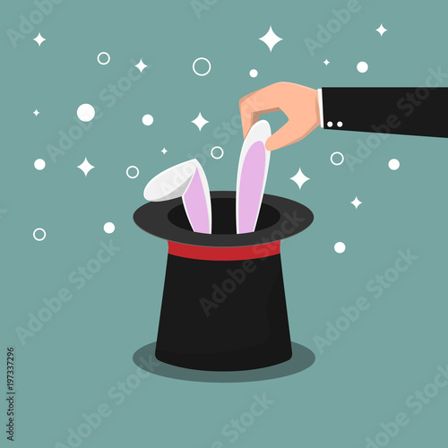 Magic hat with rabbit surprise. The magic show concept vector flat cartoon illustration.