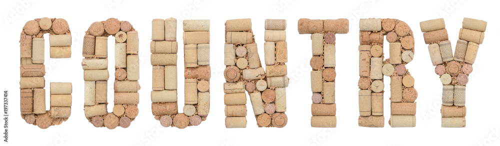 Word Country made of wine corks Isolated on white background