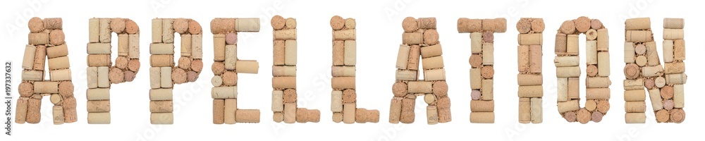 Word Appellation made of wine corks Isolated on white background