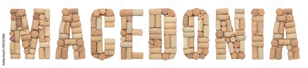 Word Macedonia made of wine corks Isolated on white background