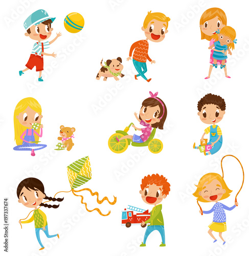 Cute boys and girls doing sports and playing set vector Illustrations on a white background
