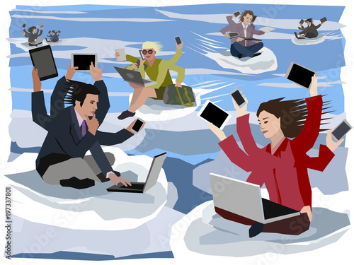 cloud-computing six-armed digital nomads flying on symbolic clouds from workplace to workplace using all available mobile devices to be always connected to their coworkers wherever