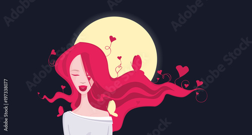 Young beautiful woman at night with hearts and butterflies around her