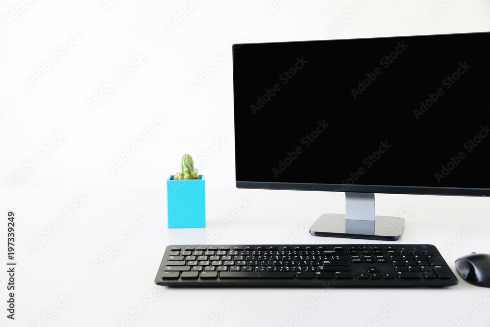 Working with screen computer on White table background copy space Working with screen computer on White table background copy space