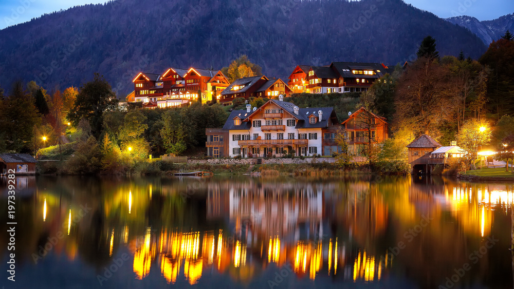 Grundlsee lake in Alps mountains. Night scene