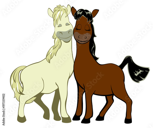 A vector illustration of a couple of funny horses in love, cartoon style