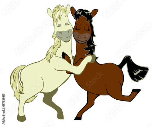 A vector illustration of a couple of funny horses in love hug caress embrace, cartoon style
