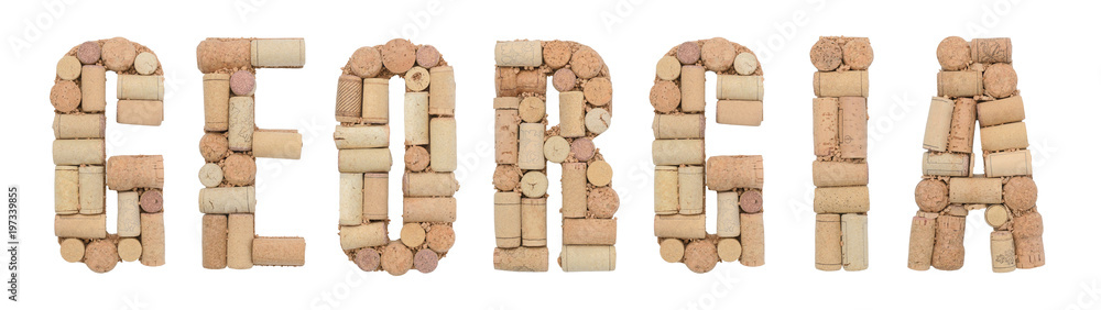 Word GEORGIA made of wine corks Isolated on white background