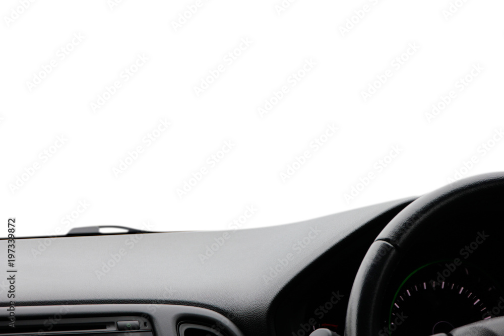 Car inside interior, dashboard, steering wheel. Black leather interior.composition. Concept and idea