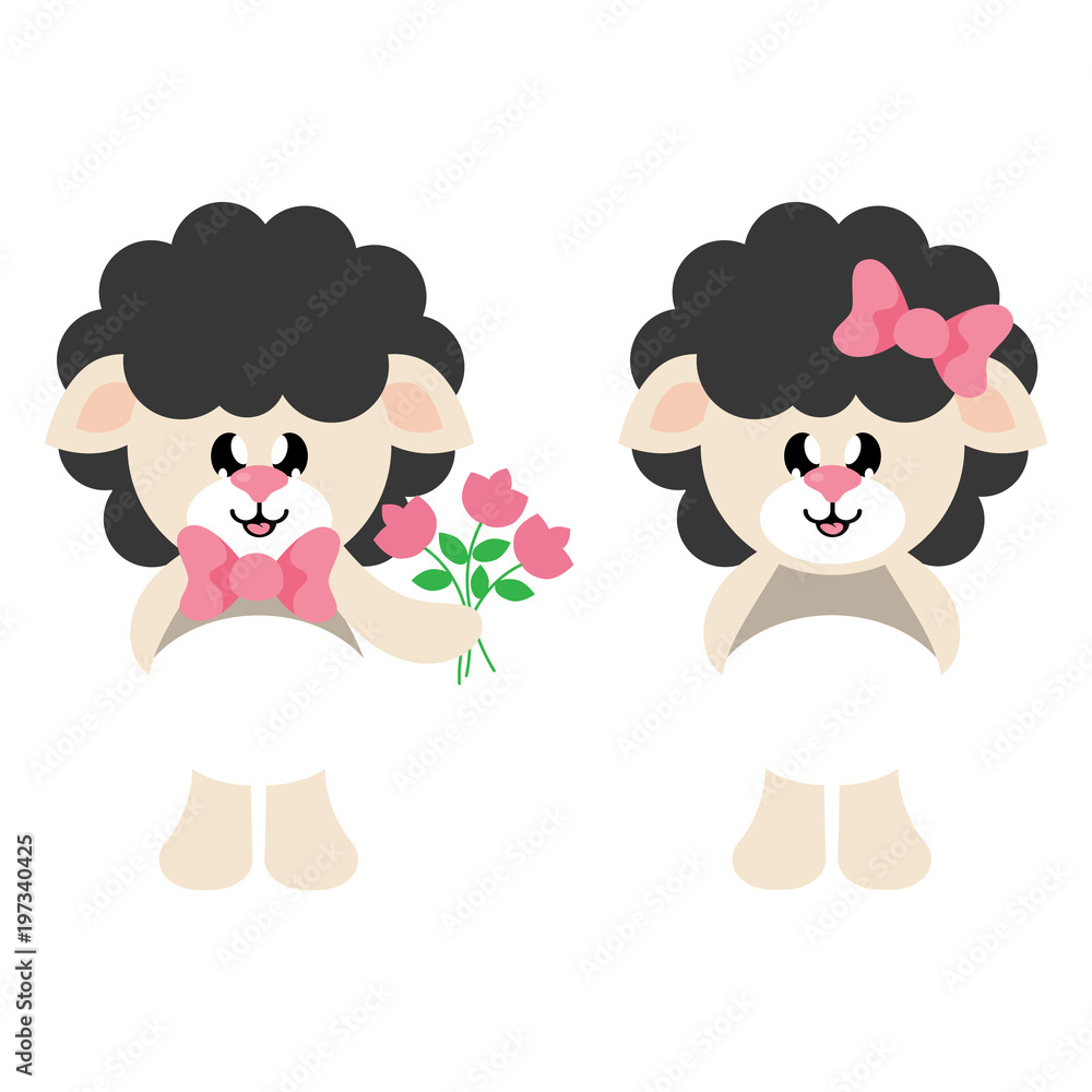 cartoon cute sheep girl black with bow and sheep black boy with flowers