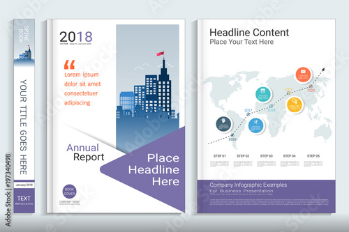 Cover book design template with business infographics data report chart, Use for annual report, proposal, portfolio, brochure, flyer, leaflet, catalog, magazine, booklet, Vector template in A4 layout.