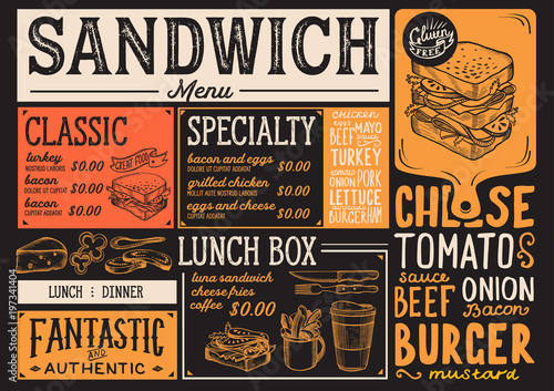 Sandwich restaurant menu. Vector food flyer for bar and cafe. Design template with vintage hand-drawn illustrations.