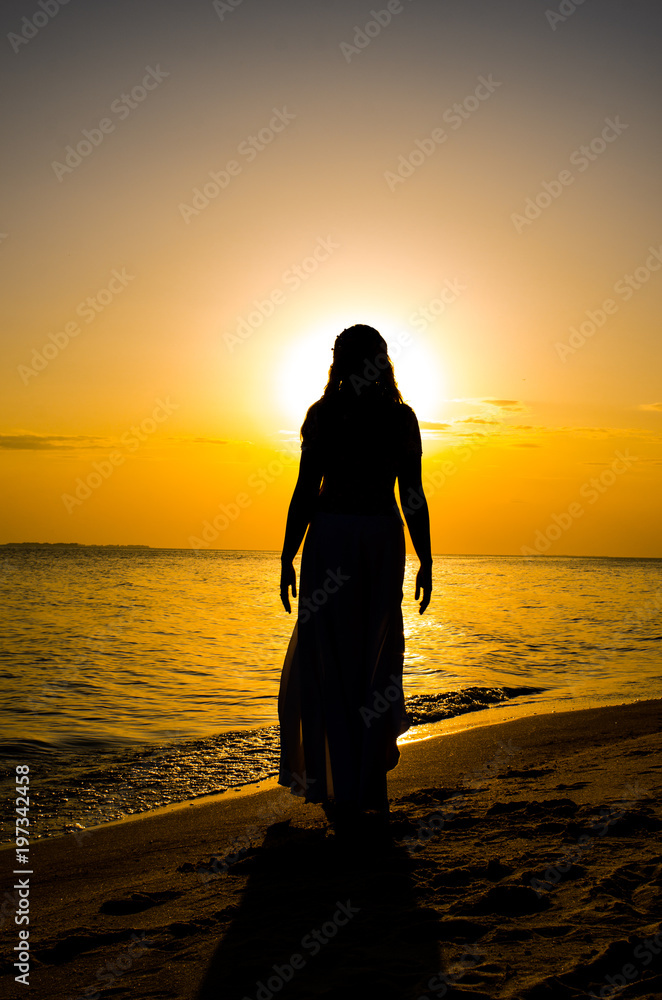 beautiful back of the bride in a wedding dress on a background of a sunset beautiful back of the bride in a wedding dress on a background of a sunset