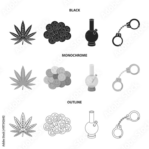 Hemp leaf, ecstasy pill, handcuffs, bong.Drug set collection icons in black,monochrome,outline style vector symbol stock illustration web.