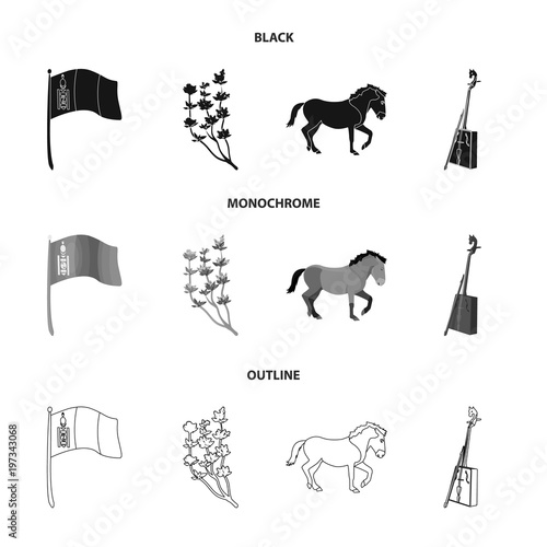 National flag, horse, musical instrument, steppe plant. Mongolia set collection icons in black,monochrome,outline style vector symbol stock illustration web.