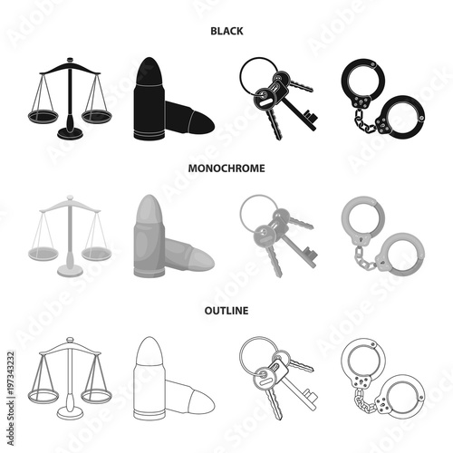 Scales of justice, cartridges, a bunch of keys, handcuffs.Prison set collection icons in black,monochrome,outline style vector symbol stock illustration web.