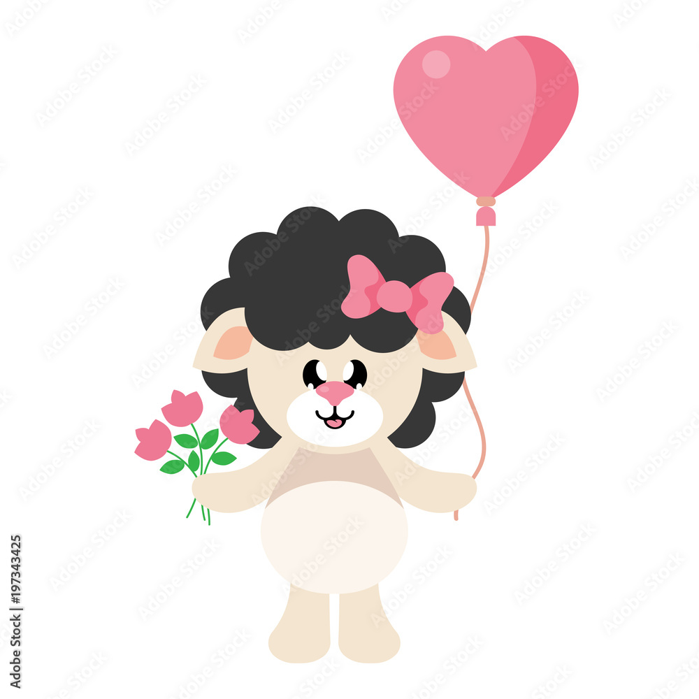 cartoon cute sheep girl black with bow and flowers and lovely balloons cartoon cute sheep girl black with bow and flowers and lovely balloons