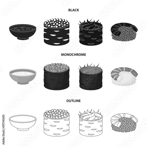 Bowl of soup, caviar, shrimp with rice. Sushi set collection icons in black,monochrome,outline style vector symbol stock illustration web.