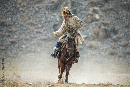 Western Mongolia.Traditional Golden Eagle Festival. Unknown Mongolian Hunter In Traditional Clothes Of Wolf Fur  Astride On Brown Horse. Falconry In West Mongolia.