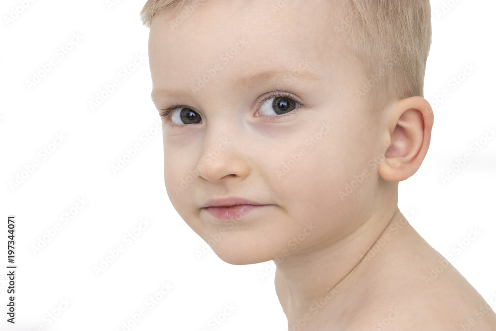 cute small caucasian blond boy portrait isolated on white background serious straight look dark eyes cute small caucasian blond boy portrait isolated on white background serious straight look dark eyes