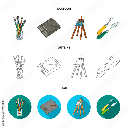 Bank with brushes, a drawing board, an easel with a canvas, paint knives.Artist and drawing set collection icons in cartoon,outline,flat style vector symbol stock illustration web.