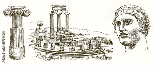 Sanctuary of Apollo at Delphi, Greece, hand drawn set