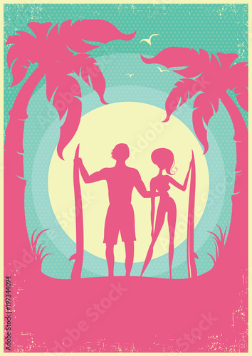 Lovely couple of surfers and blue sea waves on poster.Vector background