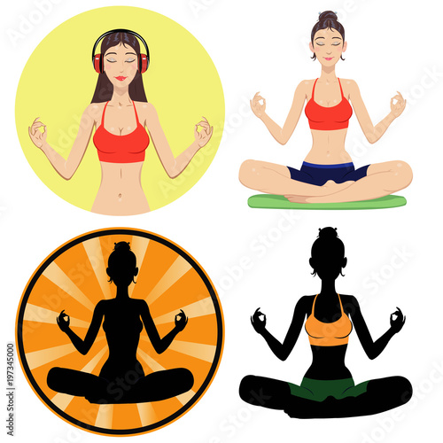 Girl engaged in meditation and sitting in the lotus position.Set of four illustrations