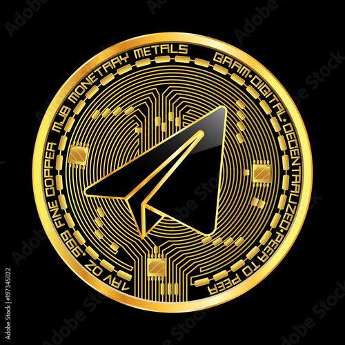 Crypto currency golden coin with black lackered gram symbol on obverse isolated on black background. Vector illustration. Use for logos, print products, page and web decor or other design.