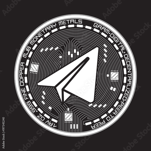 Crypto currency white coin with black gram symbol on obverse isolated on black background. Vector illustration. Use for logos, print products, page and web decor or other design.