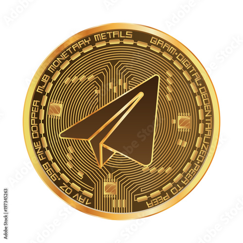 Crypto currency golden coin with gram symbol on obverse isolated on black background. Vector illustration. Use for logos, print products, page and web decor or other design.