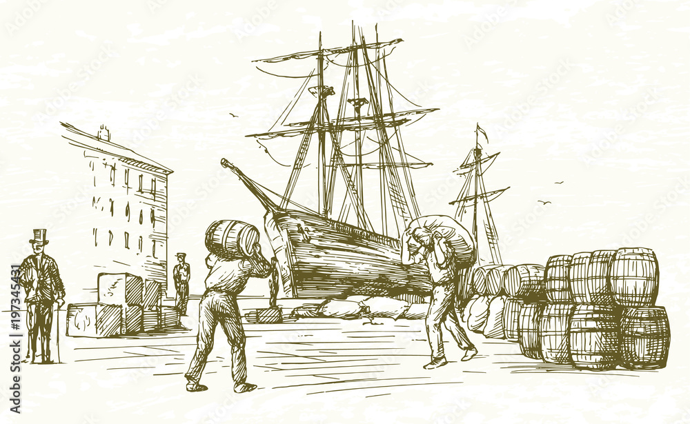Obraz premium Vintage harbor. Hand drawn illustration.