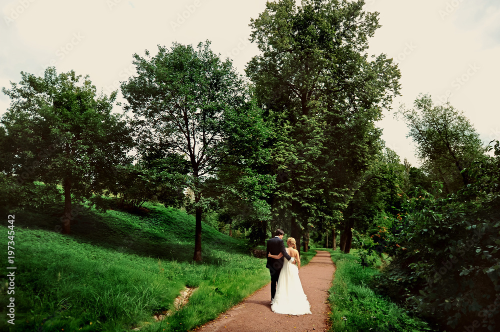 Bride and groom at wedding Day walking Outdoors on summer nature. Bridal couple, Happy Newlywed woman and man embracing in green park. Loving wedding couple outdoor. Bride and groom in honeymoon Bride and groom at wedding Day walking Outdoors on summer nature. Bridal couple, Happy Newlywed woman and man embracing in green park. Loving wedding couple outdoor. Bride and groom in honeymoon