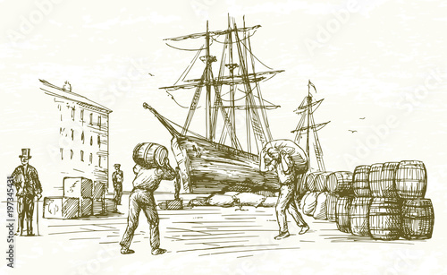 Vintage harbor. Hand drawn illustration.