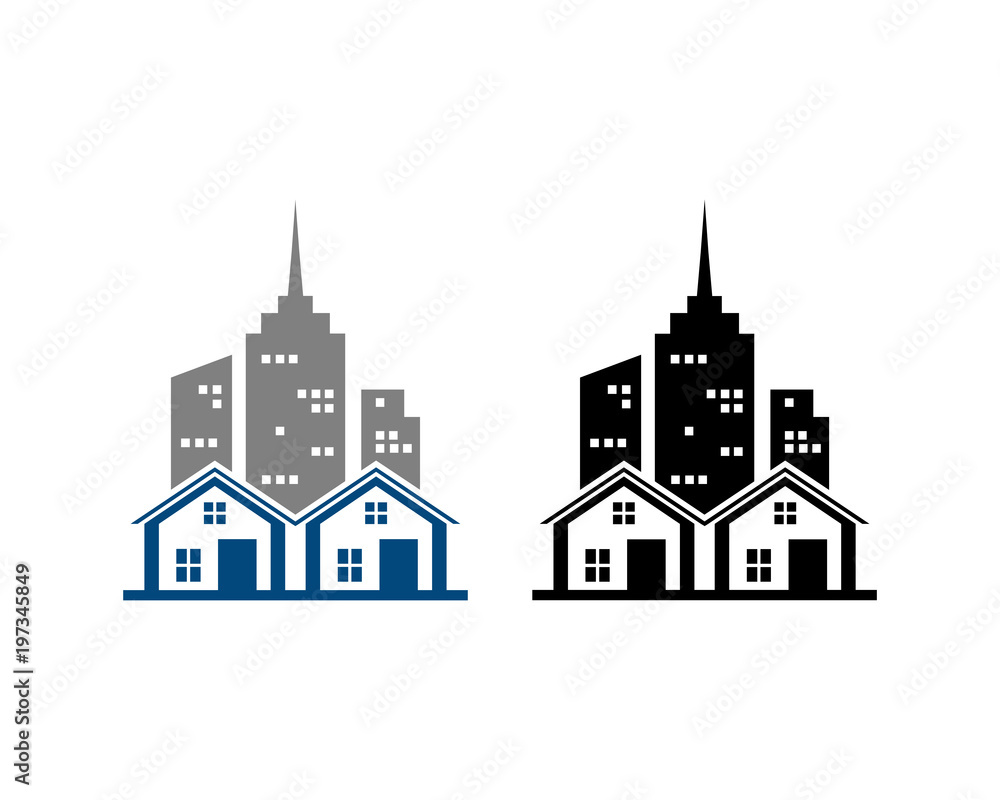 House on the City with Apartement Skycrapers on the Back Sign Symbol Icon Real Estate Logo Company Vector