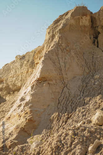Opencast mining quarry. This area has been mined for sand and other minerals. Restoration of a part of the mined glass sand quarry. Dunes of the sand quarry. Landscapes and Nature