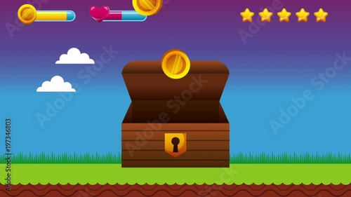 video game level wooden chest falling gold coins online animation hd