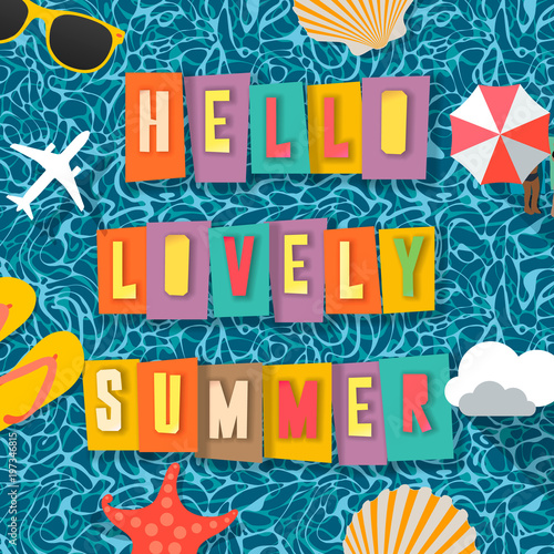 Summer time background, top view on composition with sun glasses, starfish, seashell, umbrella, flip flop on blue water texture, vector illustration. Web banner of summer vacation.