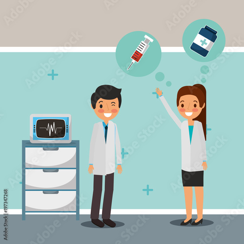 medical doctos talking monitoring machine vector illustration